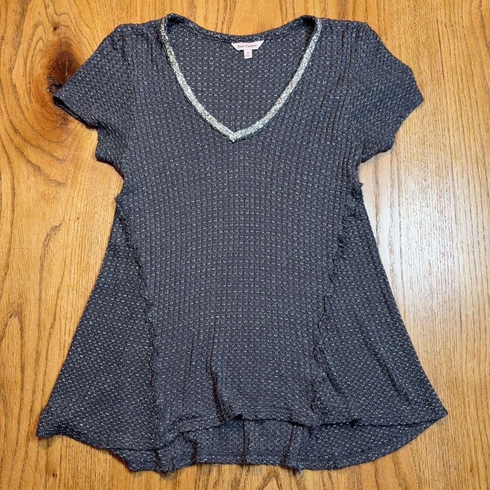 Juicy Couture Rhinestone‎ Collar Knit Top Womens Medium Gray Babydoll Y2K